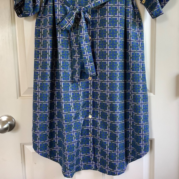C. Wonder Midi Length Lattice Print Button Front Shirt Dress Blue/Green SZ 14 - Picture 5 of 16